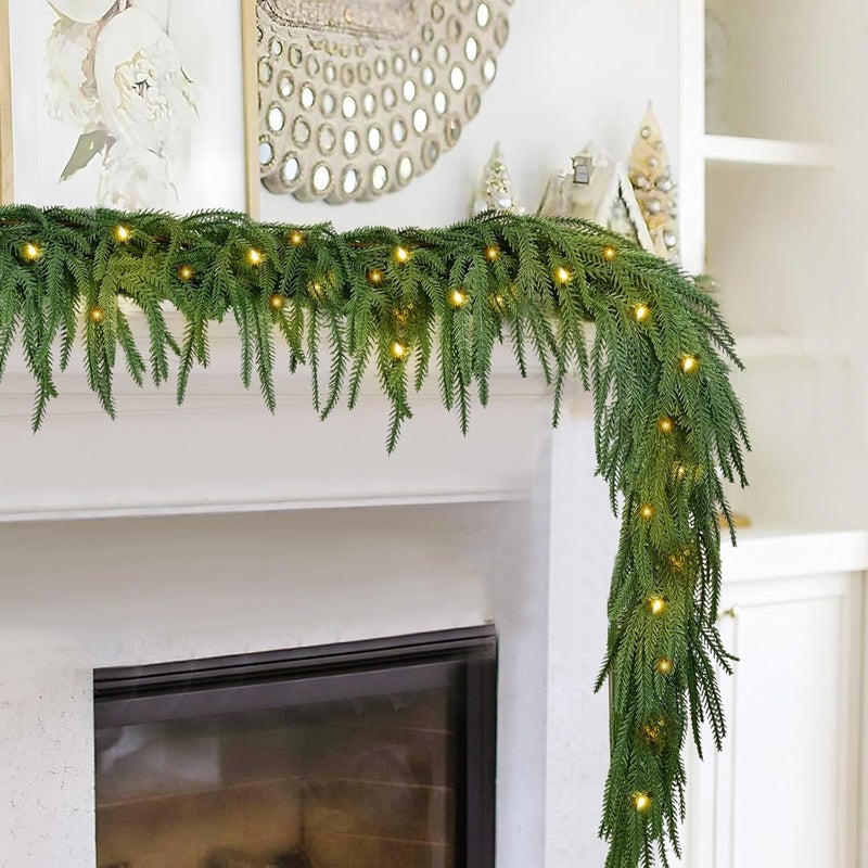 FAJUNZH 2PCS 6FT Norfolk Pine Garland with 60 Lights, 80 Pine Branches, Realistic Christmas Garland Holiday Greenery for Table Mantle Wall Christmas Decorations - Image 5