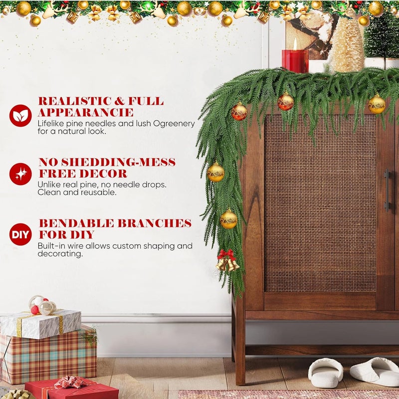 FAJUNZH 2PCS 6FT Norfolk Pine Garland with 60 Lights, 80 Pine Branches, Realistic Christmas Garland Holiday Greenery for Table Mantle Wall Christmas Decorations - Image 4