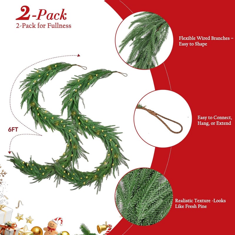 FAJUNZH 2PCS 6FT Norfolk Pine Garland with 60 Lights, 80 Pine Branches, Realistic Christmas Garland Holiday Greenery for Table Mantle Wall Christmas Decorations - Image 2