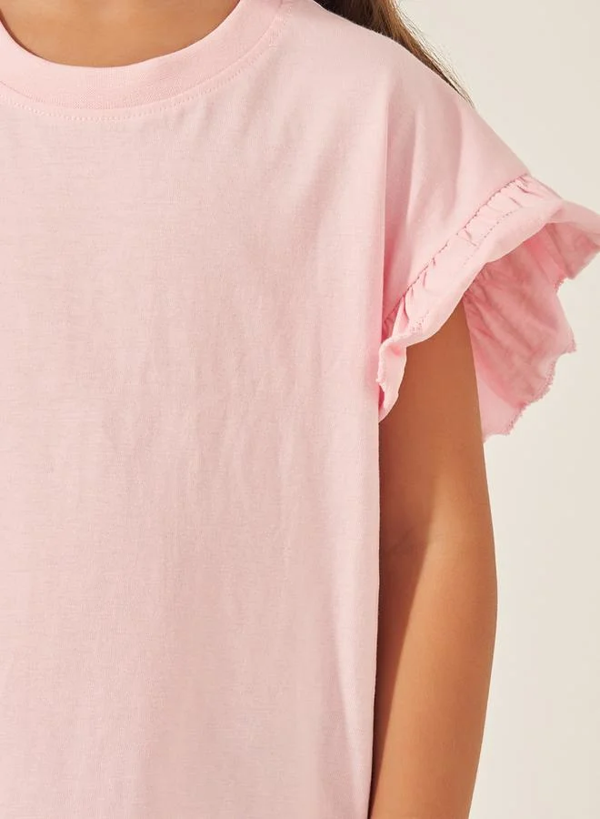 Styli Solid Dropped Shoulder T-Shirt with Ruffled Detail