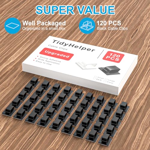 TidyHelper 120 PCS Cable Clips, Adhesive Cord Clips for Wires on Wall, Strong Wire Clips Holders Cord Organizer for Cable Management, Christmas Lights, USB, Phone Charger, Cat 6, Car Dash Cam (Small, Black) - Image 2