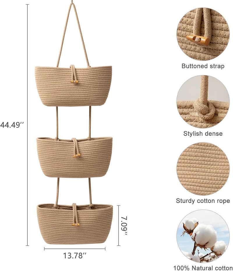 TeoKJ 3Tier Cotton Rope Baskets with Button Strap Over the Door Wall Hanging Baskets for Nursery Living Room Bathroom Door Storage Organizer for DecorationJute - Image 3