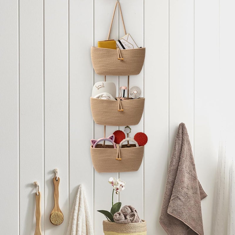 TeoKJ 3Tier Cotton Rope Baskets with Button Strap Over the Door Wall Hanging Baskets for Nursery Living Room Bathroom Door Storage Organizer for DecorationJute - Image 2