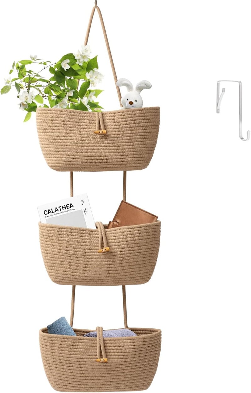 TeoKJ 3Tier Cotton Rope Baskets with Button Strap Over the Door Wall Hanging Baskets for Nursery Living Room Bathroom Door Storage Organizer for DecorationJute - Image 1