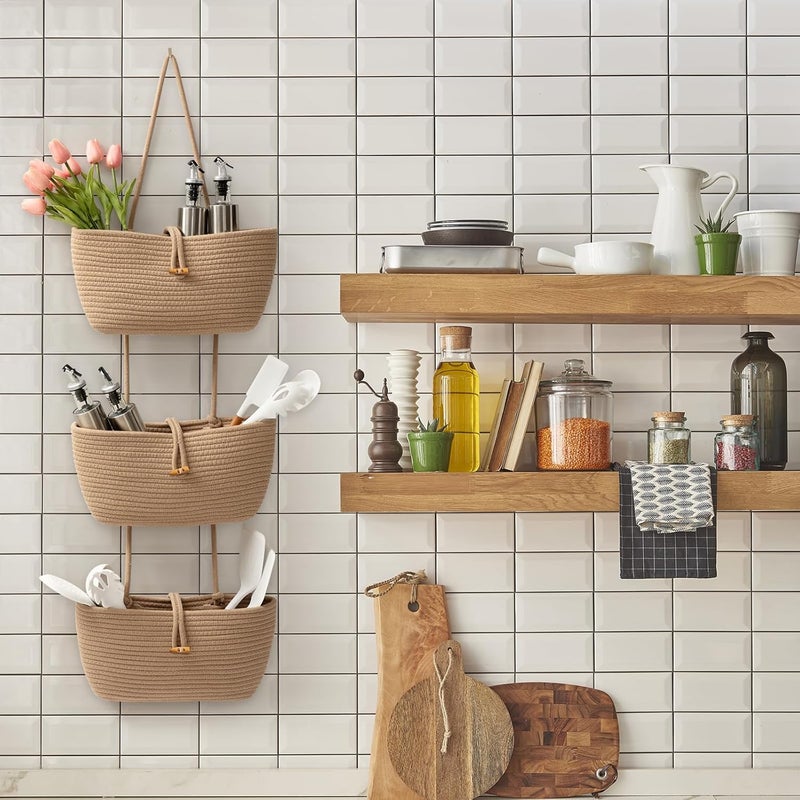 TeoKJ 3Tier Cotton Rope Baskets with Button Strap Over the Door Wall Hanging Baskets for Nursery Living Room Bathroom Door Storage Organizer for DecorationJute - Image 4