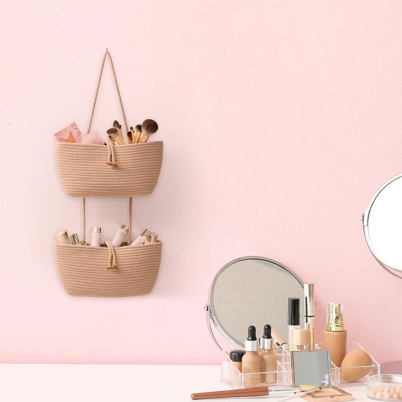 TeoKJ 3Tier Cotton Rope Baskets with Button Strap Over the Door Wall Hanging Baskets for Nursery Living Room Bathroom Door Storage Organizer for DecorationJute - Image 5