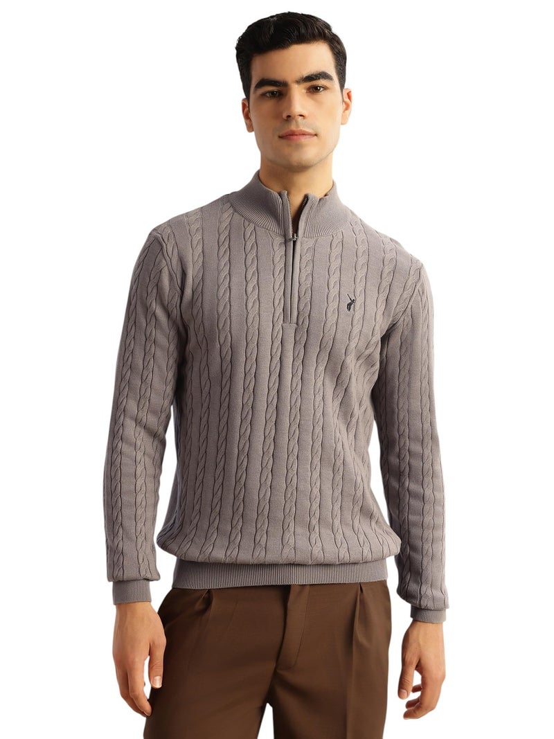 Thomas Scott Men's | Regular Fit | Long Sleeves | Mock Collar | 100% Cotton | Dry Clean | Cable Knit | Knitted | Pullover Sweater (TSFK27_Grey_M) - Image 1