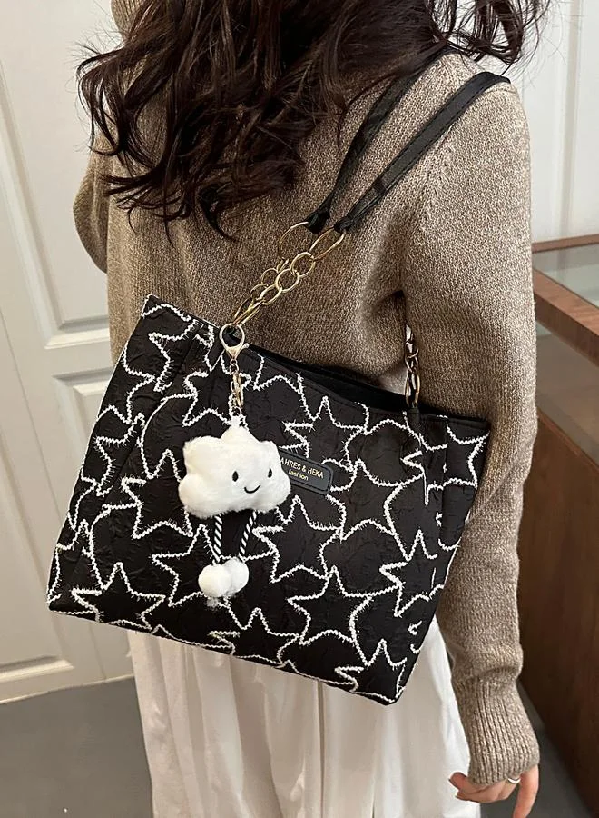 Take Two Black Embroidered Shoulder Bag with Cloud Charm