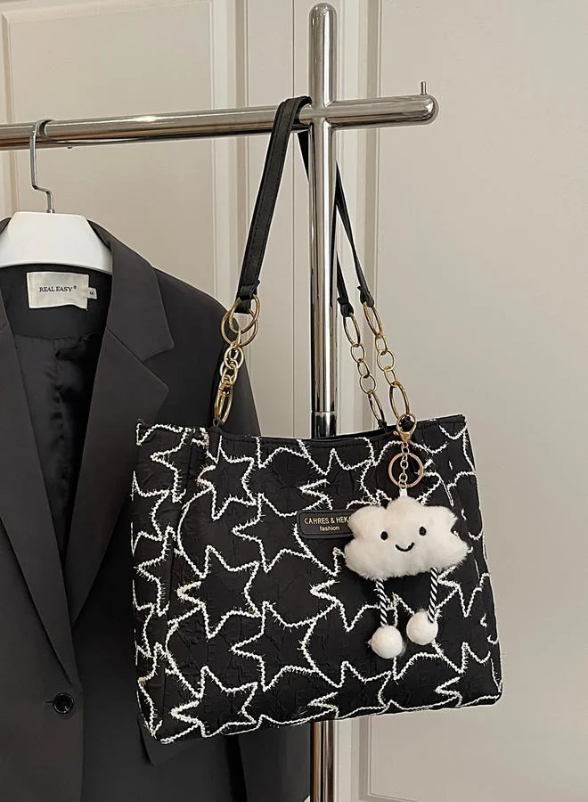 Take Two Black Embroidered Shoulder Bag with Cloud Charm
