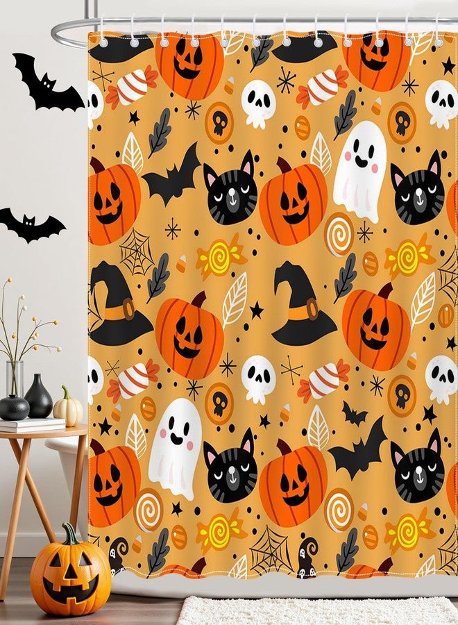 موكسيكا ستارة حمام موكسيكا لطيفة للهالوين مقاس 72 × 72 بوصة برتقالية اللون عليها رسمة قطة كرتونية وقرع وشبح، ستارة حمام لديكور المنزل للهالوين مع 12 خطافًا - Image 1