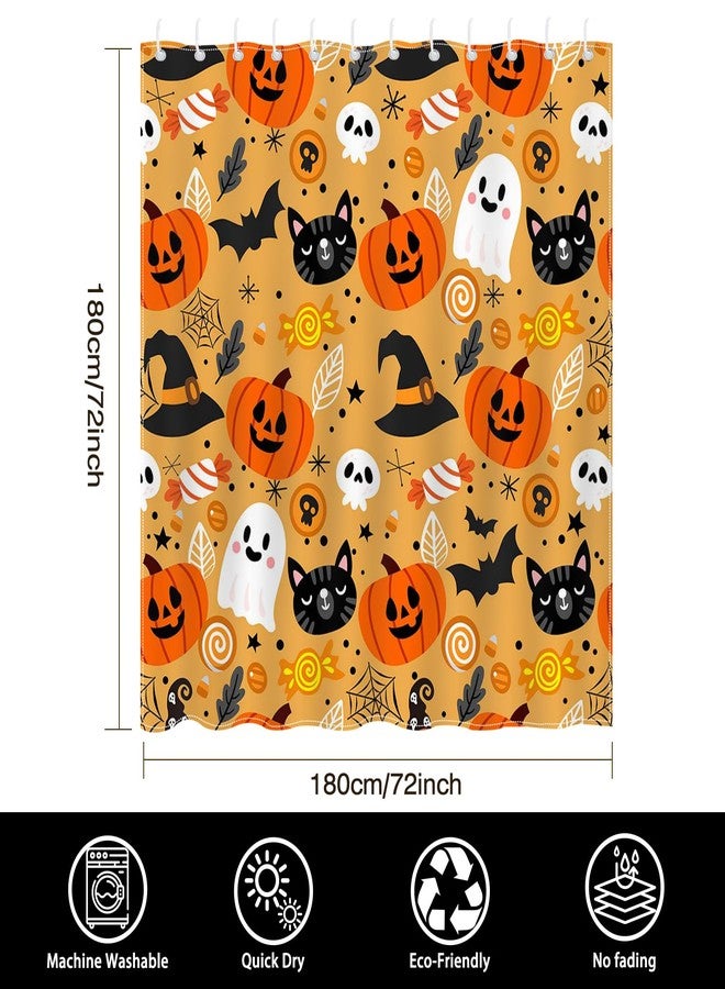 موكسيكا ستارة حمام موكسيكا لطيفة للهالوين مقاس 72 × 72 بوصة برتقالية اللون عليها رسمة قطة كرتونية وقرع وشبح، ستارة حمام لديكور المنزل للهالوين مع 12 خطافًا - Image 5