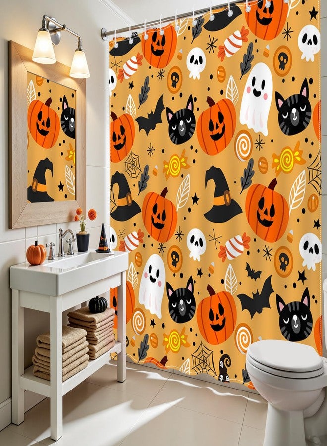 موكسيكا ستارة حمام موكسيكا لطيفة للهالوين مقاس 72 × 72 بوصة برتقالية اللون عليها رسمة قطة كرتونية وقرع وشبح، ستارة حمام لديكور المنزل للهالوين مع 12 خطافًا - Image 4