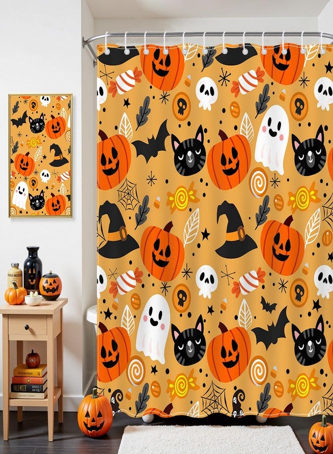 موكسيكا ستارة حمام موكسيكا لطيفة للهالوين مقاس 72 × 72 بوصة برتقالية اللون عليها رسمة قطة كرتونية وقرع وشبح، ستارة حمام لديكور المنزل للهالوين مع 12 خطافًا - Image 2