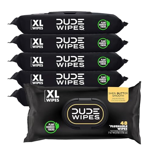 DUDE Wipes - Flushable Wipes - 6 Pack, 288 Count - Shea BUTTer Smooth - Extra-Large - Vitamin-E & Aloe - Septic and Sewer Safe - Image 1