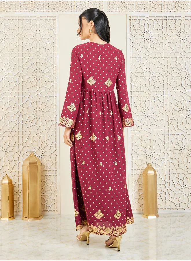Styli Lace Detail Foil Print Jalabiya