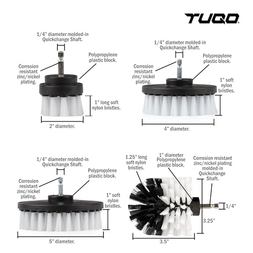 TUQO SB20W, Drill Brush Attachment Set - Power Scrubber Brush Cleaning Kit - Upholstery,Wheels,Carpet, Glass & Leather | Soft Bristles | Hex Shank Fits Most Drills | White - Image 2