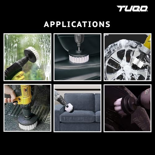 TUQO SB20W, Drill Brush Attachment Set - Power Scrubber Brush Cleaning Kit - Upholstery,Wheels,Carpet, Glass & Leather | Soft Bristles | Hex Shank Fits Most Drills | White - Image 5