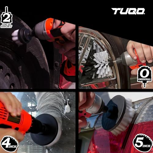 TUQO SB20W, Drill Brush Attachment Set - Power Scrubber Brush Cleaning Kit - Upholstery,Wheels,Carpet, Glass & Leather | Soft Bristles | Hex Shank Fits Most Drills | White - Image 4