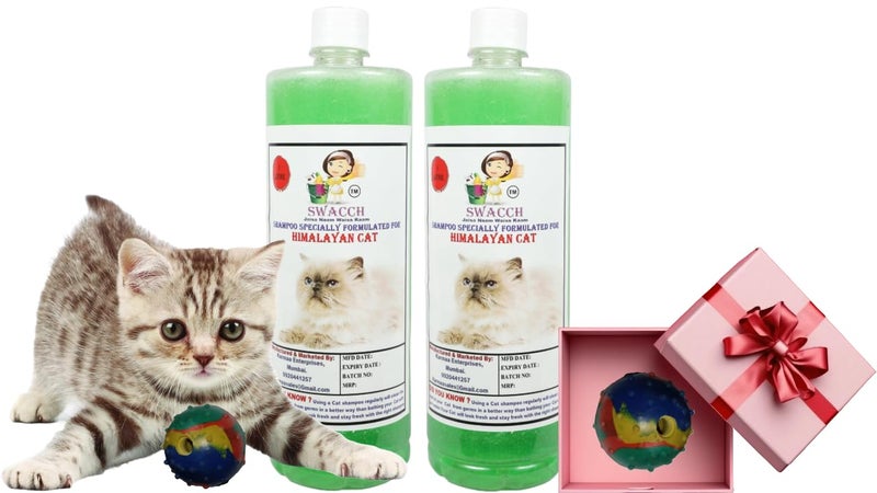 swacch Himalayan Cat Shampoo + Rubber Musical Ball I Chew Playing Rubber Ball I Interactive Cat Toy Balls I Training & Play I Combo Pack I 1 Litre Pack of 2 Neem Alovera - Image 1