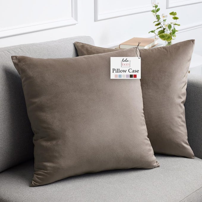 VELVET THROW PILLOW COVERS SET OF 2 18X18 DECORATIVE SQUARE PILLOWS HOME DECOR SOFT ACCENT CASES SILKY MACHINE WASHABLE PILLOWCASES FOR SOFA COUCH BEDROOM LIVING ROOM TAUPE