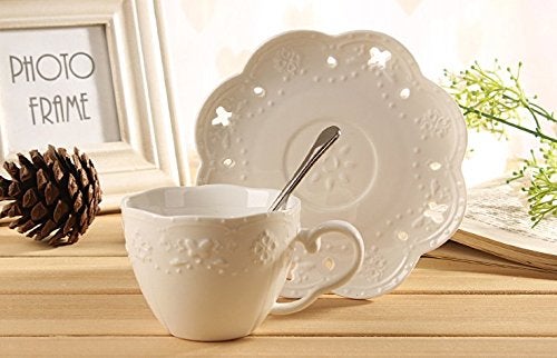 Jusalpha® White Porcelain 5OZ- Tea Cup and Saucer Coffee Cup Set with Saucer and Spoon, Set of 6 (6 Tea Cup Set With Bracket) - Image 3