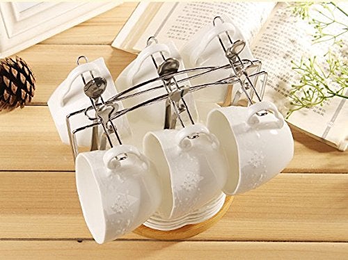 Jusalpha® White Porcelain 5OZ- Tea Cup and Saucer Coffee Cup Set with Saucer and Spoon, Set of 6 (6 Tea Cup Set With Bracket) - Image 2