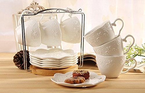 Jusalpha® White Porcelain 5OZ- Tea Cup and Saucer Coffee Cup Set with Saucer and Spoon, Set of 6 (6 Tea Cup Set With Bracket) - Image 4