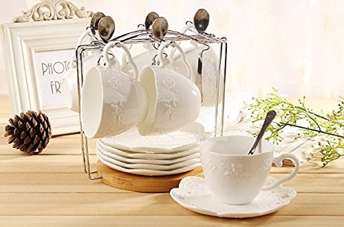 Jusalpha® White Porcelain 5OZ- Tea Cup and Saucer Coffee Cup Set with Saucer and Spoon, Set of 6 (6 Tea Cup Set With Bracket) - Image 5