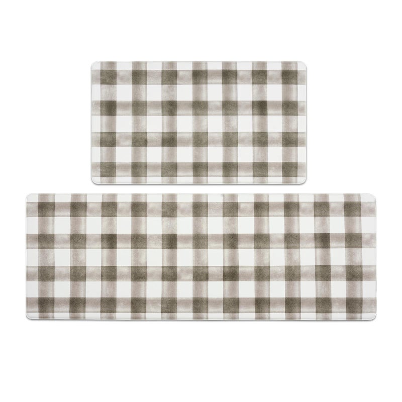 FRESHMINT Modern Farmhouse Plaid 2 Piece Set Kitchen Mats for Floor Anti Fatigue Waterproof & Non-Skid Kitchen Rugs Cushioned Kitchen Mat for Standing Washable Comfort Desk Kitchen Runners - Image 1