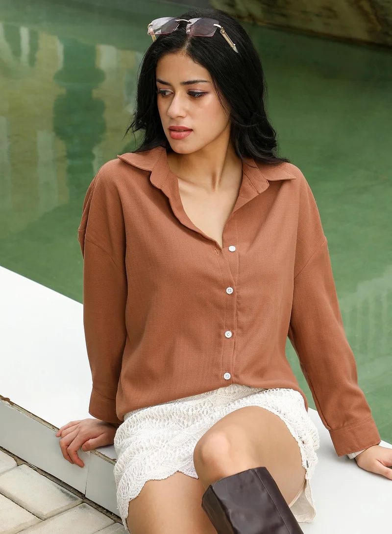 PINACOLADA Women's Solid-Woven Oversized Shirt | Spread Collar , Long Cuffed Sleeves , Button Closure | Solid Dobby Material | Cotton-Blend Shirt For Casual & Daily Wear | Mocha Brown