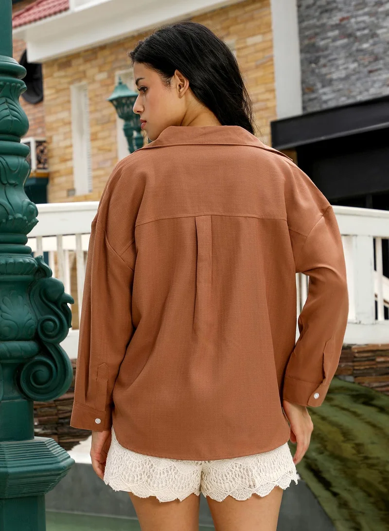 Pinacolada  Women's Mocha Brown Solid-Woven Oversized Shirt for Women | Best Price UAE