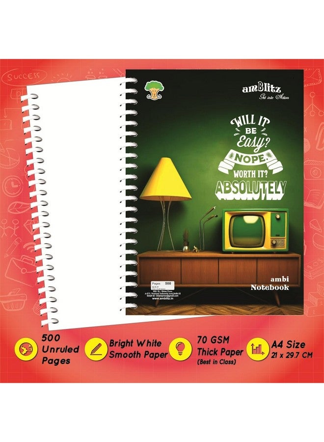 amblitz Spiral Notebook | UnRuled | 500 Pages | A4 Size - 21 X 29.7 CM | 70 GSM Thick Paper | Notebook for Student - Image 3