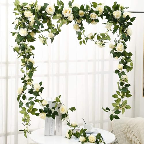 Inralimot Inrali Artificial Rose Flowers Vine Silk Rose Garland Fake Flowers Silk Roses Garland for Wedding Decorations Garden Wall Valentine Decoration 69 Small Rose Flowers (White) - Image 5