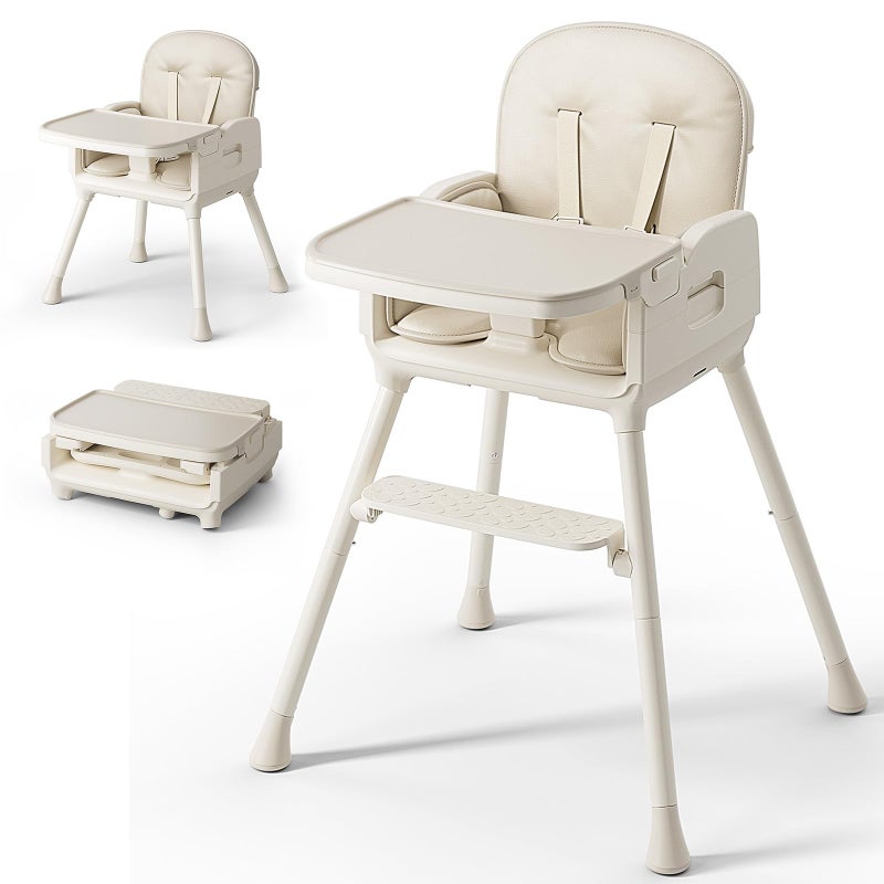 Obee Odee 3-in-1 Portable Baby High Chair for Babies and Toddlers, Convertible Easy Clean Infant Foldable Highchair with Adjustable Legs & Dishwasher Safe Tray, Beige - Image 1