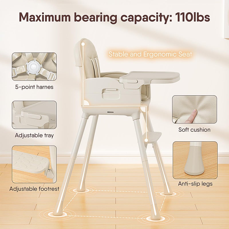 Obee Odee 3-in-1 Portable Baby High Chair for Babies and Toddlers, Convertible Easy Clean Infant Foldable Highchair with Adjustable Legs & Dishwasher Safe Tray, Beige - Image 2