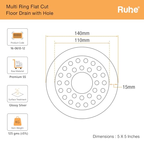 Ruhe® Flat Cut Floor Drainer/Jali | Premium Grade Stainless Steel Multi Ring Flat Cut Floor Drainer/Jali (with Hole) | (5 X 5 Inches) | (Pack of 4) - Image 3