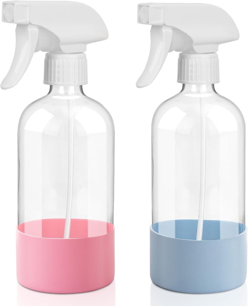 UUJOLY Plastic Spray Bottle Trigger Empty Spray Bottles Clear Refillable Container for Water, Essential Oils, Hair, Cleaning Products, Adjustable Head Sprayer and Stream, Pink + Light Blue