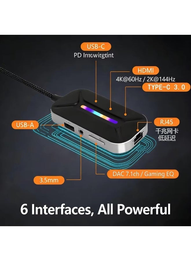 Sarafox XS6 Pro 6 in 1  Gaming Docking Station, USB C Multi-Function Hub with Physical EQ Toggle (FPS Footsteps, Cinematic Movie & Music Modes), 4K HDMI, 1000M Gigabit Ethernet, PD 100W Fast Charge & RGB – Compatible with iPad, RedMagic, PC , Laptops, ROG, iPhone, Samsung & Tablets - Image 4