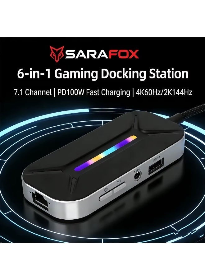 Sarafox XS6 Pro 6 in 1  Gaming Docking Station, USB C Multi-Function Hub with Physical EQ Toggle (FPS Footsteps, Cinematic Movie & Music Modes), 4K HDMI, 1000M Gigabit Ethernet, PD 100W Fast Charge & RGB – Compatible with iPad, RedMagic, PC , Laptops, ROG, iPhone, Samsung & Tablets - Image 2