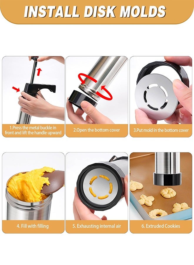 Cookie Press, Stainless Steel Spritz Cookie Pres with 13 Discs u0026 8 Nozzles for Home DIY Biscuit u0026 Cake Decorating, Cookie Press Set for Baking, Black - Image 5