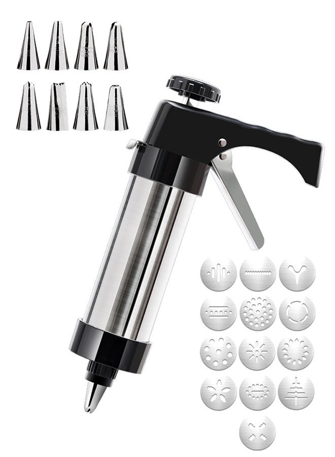 Cookie Press, Stainless Steel Spritz Cookie Pres with 13 Discs u0026 8 Nozzles for Home DIY Biscuit u0026 Cake Decorating, Cookie Press Set for Baking, Black - Image 1