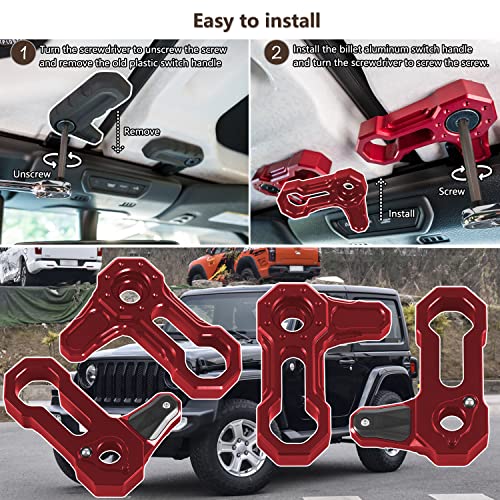 Opall Billet Aluminum Freedom Panel Latch Hardtop Roof Removal Switch Handle Compatible with Jeep Wrangler JL 2018-2025 and Gladiator JT Acessories Red (Set of 6 Locks) - Image 4