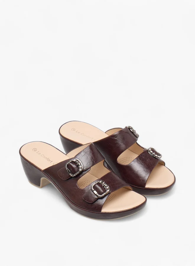 Le Confort Women's Textured Slip-On Comfort Sandals with Embellished Buckle Accent and Block Heels