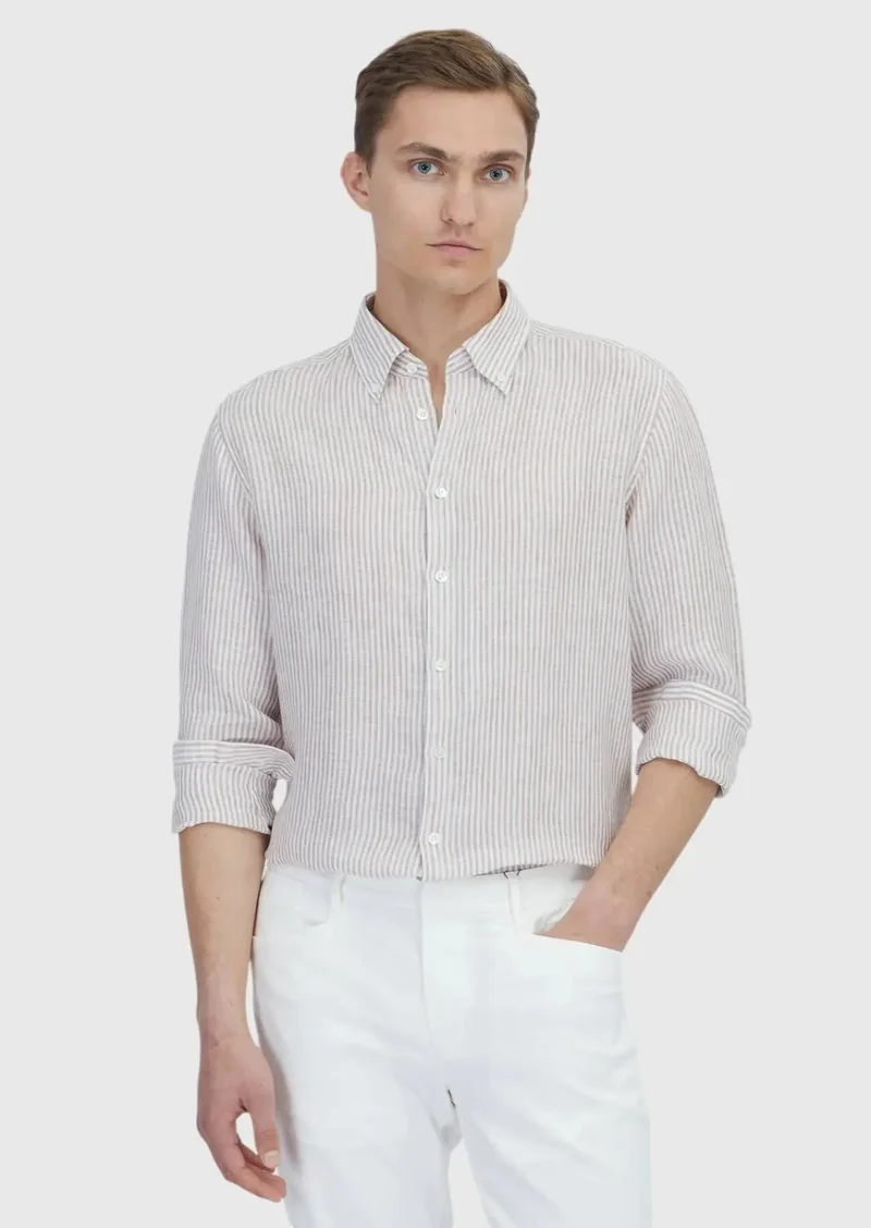 رامسي قميص كتان 100% مخطط باللون الأحمر القرميدي، بقصة كاجوال مريحة.