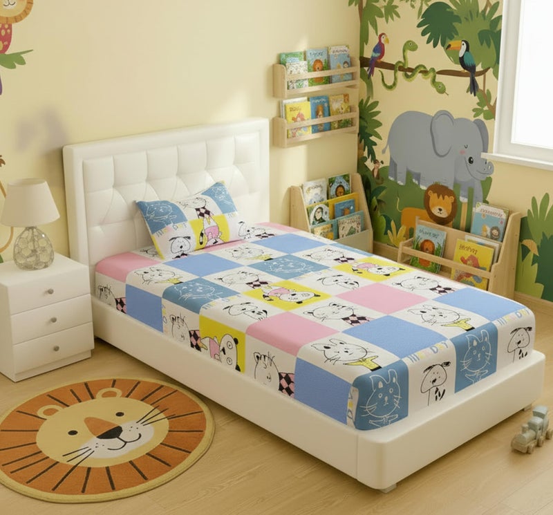Filymore Cat Single Bedsheet for Girls Kid Bedsheet for Small Size Bed 240 TC Microfiber Soft Cartoon Bedcover for Kids Room 90x60 Inches Yellow and Blue - Image 1