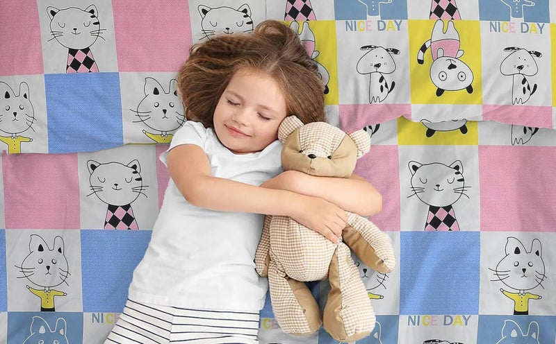 Filymore Cat Single Bedsheet for Girls Kid Bedsheet for Small Size Bed 240 TC Microfiber Soft Cartoon Bedcover for Kids Room 90x60 Inches Yellow and Blue - Image 3