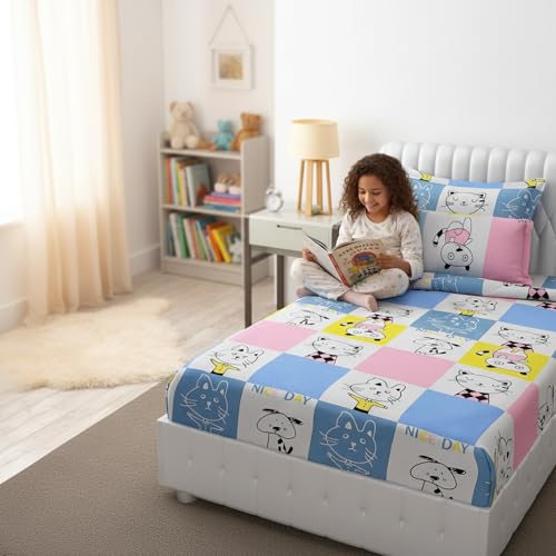 Filymore Cat Single Bedsheet for Girls Kid Bedsheet for Small Size Bed 240 TC Microfiber Soft Cartoon Bedcover for Kids Room 90x60 Inches Yellow and Blue - Image 5
