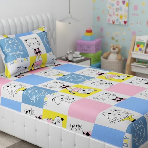Filymore Cat Single Bedsheet for Girls Kid Bedsheet for Small Size Bed 240 TC Microfiber Soft Cartoon Bedcover for Kids Room 90x60 Inches Yellow and Blue - Image 2