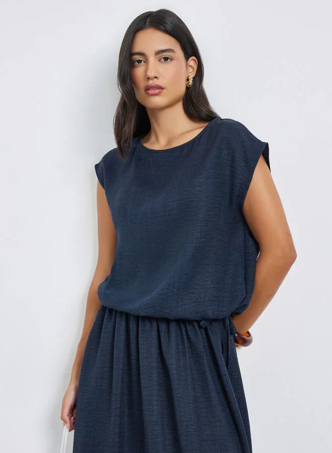 Styli Navy Blue Cap Sleeve Top with Drawstring