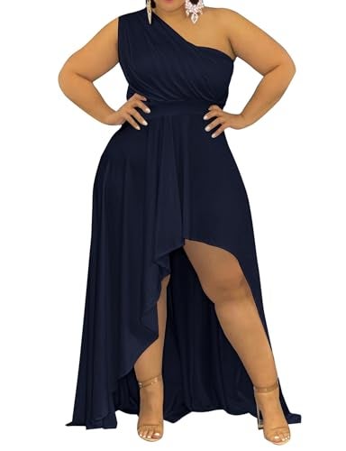 Ekaliy Women's Plus Size One Shoulder Dress Elegant High Low Irregular Hem Flowy Party Cocktail Maxi Dress Navy XL - Image 1